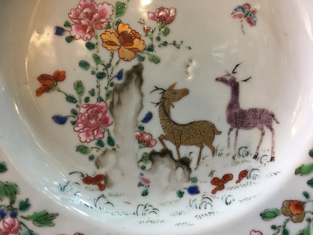 Pair of Qianlong Famille Rose Dishes  Deers & Peonies in Garden C18th View II