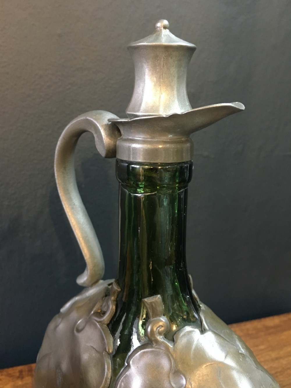 Two Art Nouveau Glass Bottles with Pewter Overlay Decoration & Stoppers C19th View IV
