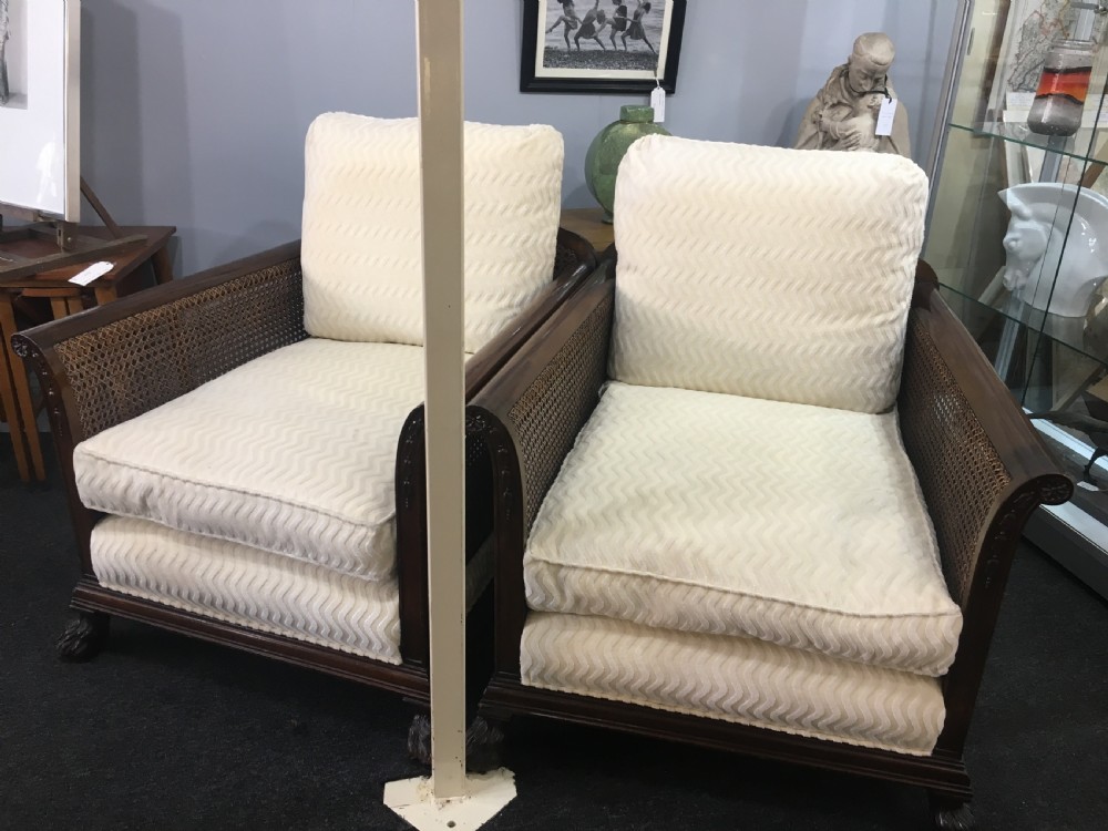 Pair of Bergere Armchairs Covered in Andrew Martin Cream Fabric Victorian Era
