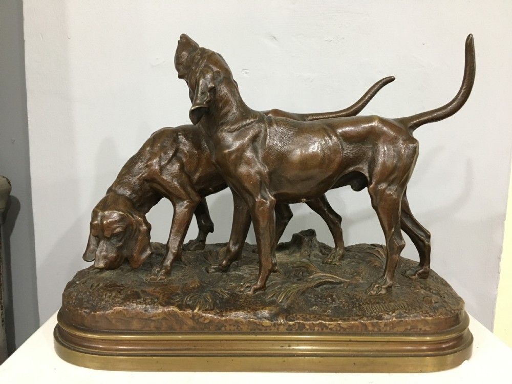 Alfred Dubucand Signed Orignial French Bronze Casting of a Pair of Hunting Dogs C19th