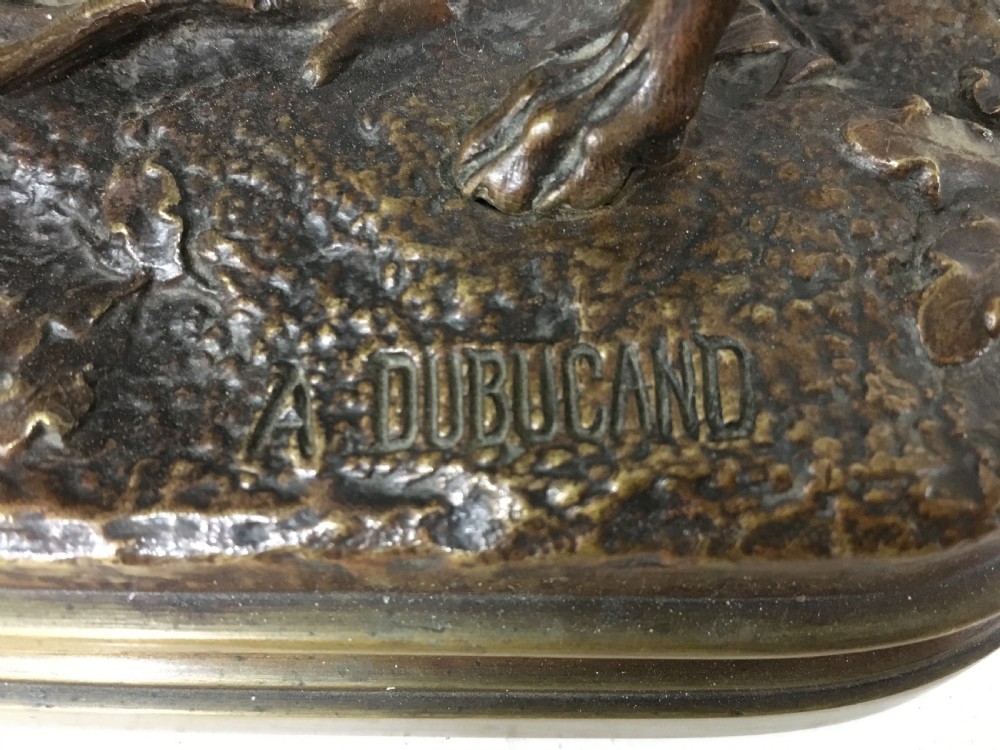 Alfred Dubucand Signed Orignial French Bronze Casting of a Pair of Hunting Dogs C19th View II