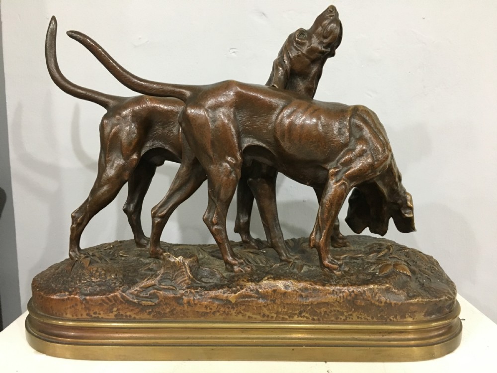 Alfred Dubucand Signed Orignial French Bronze Casting of a Pair of Hunting Dogs C19th View IV