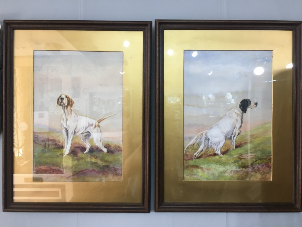 A. B. Barnes Signed Pair of Original Watercolours of Hunting Dogs 1930