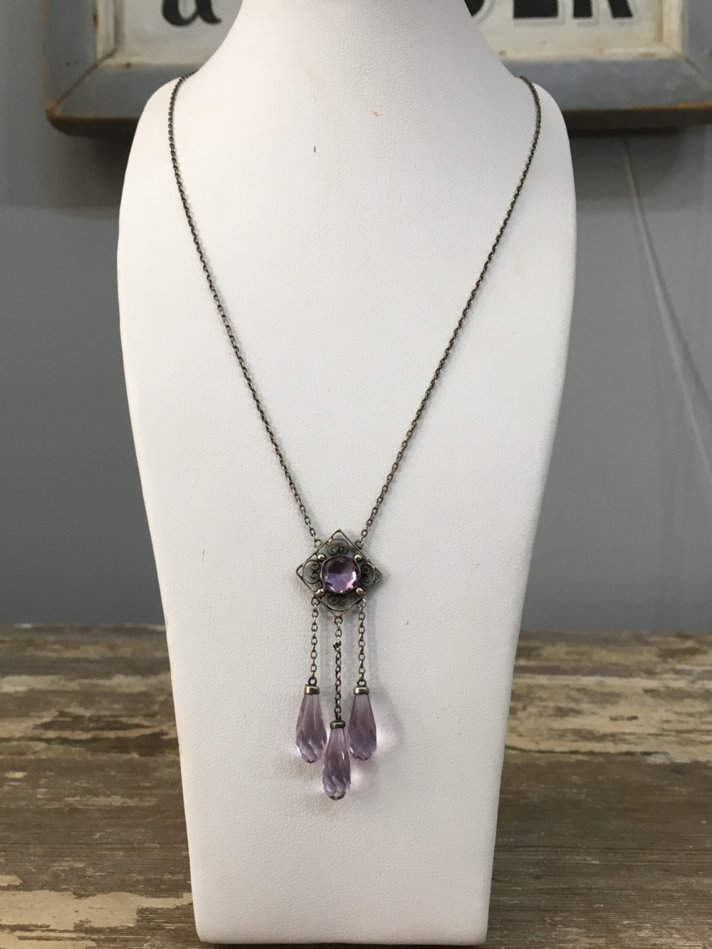 Edwardian Sterling Silver & Amethyst Negligee Pendant 