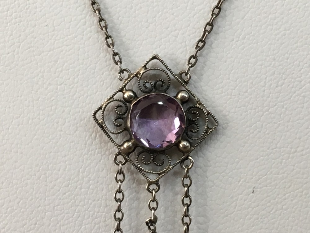 Edwardian Sterling Silver & Amethyst Negligee Pendant  View II