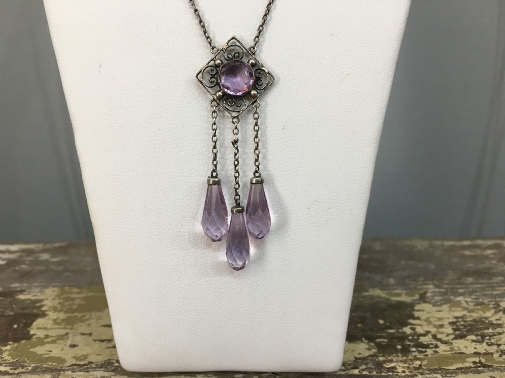Edwardian Sterling Silver & Amethyst Negligee Pendant  View IV