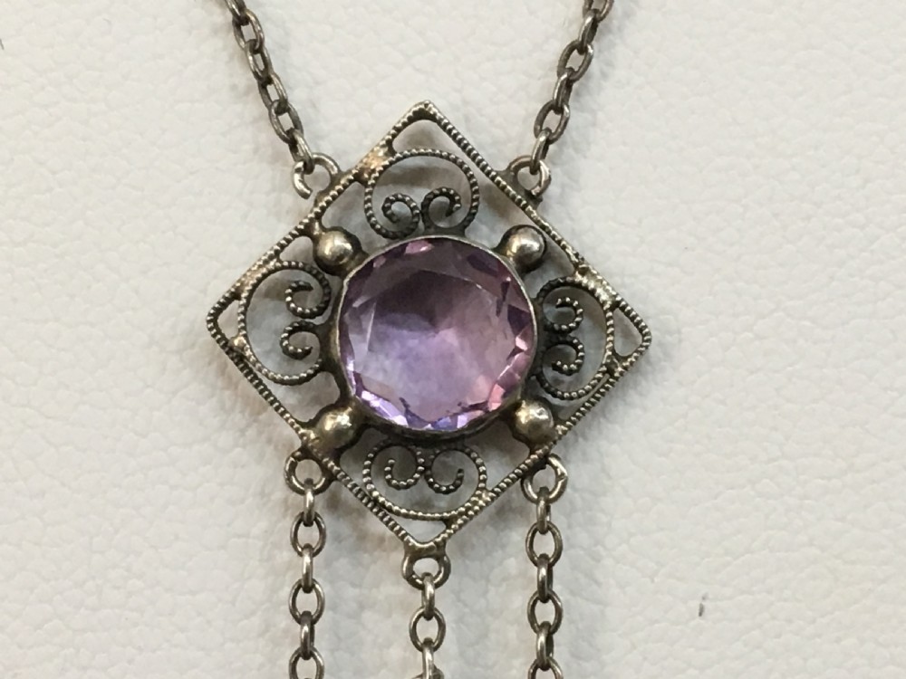 Edwardian Sterling Silver & Amethyst Negligee Pendant  View V
