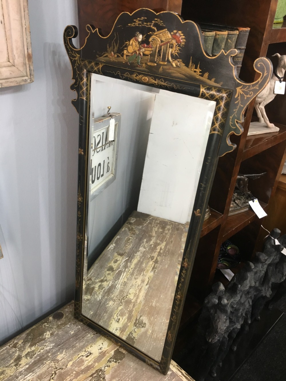 Wall Mirror Embossed Chinoiserie Bevelled Glass c1920