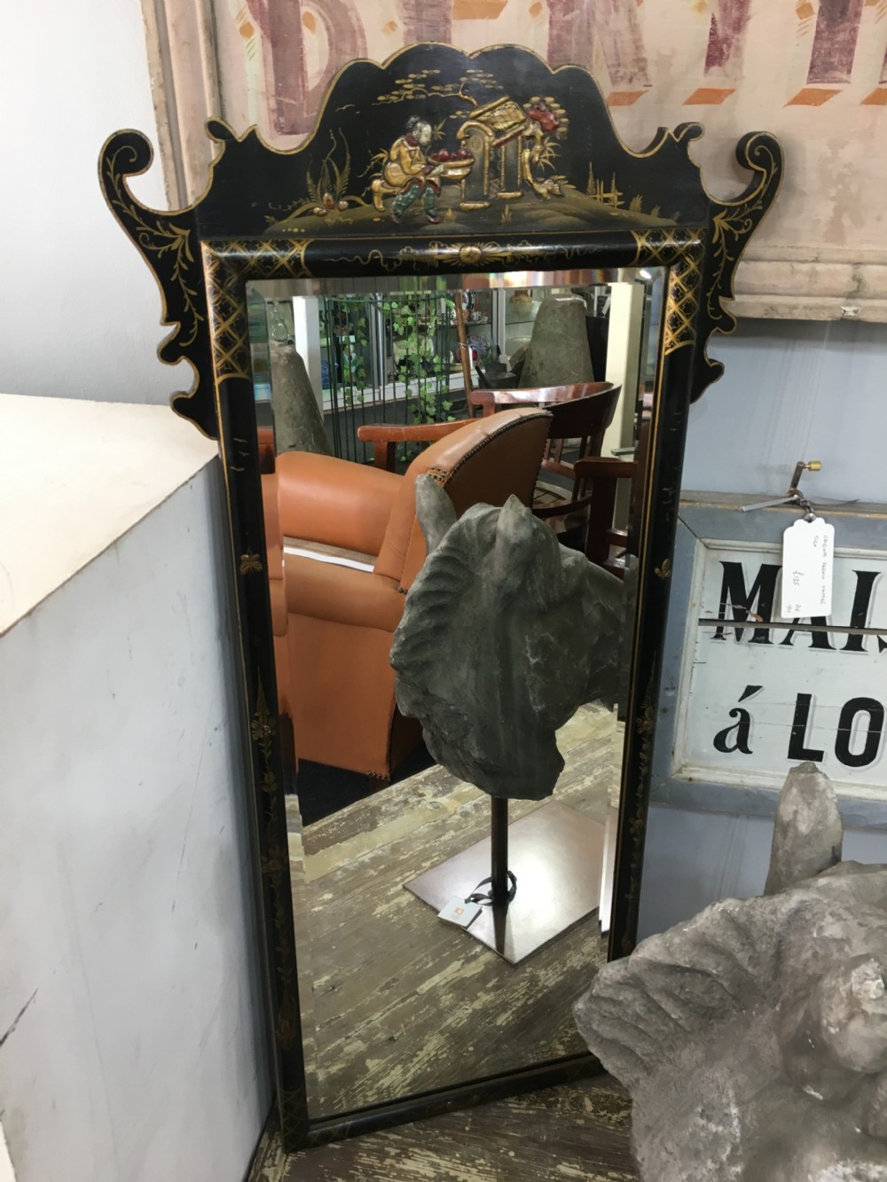 Wall Mirror Embossed Chinoiserie Bevelled Glass c1920 View II