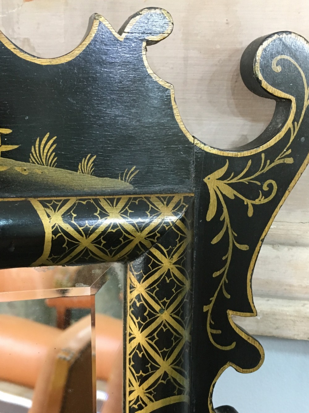 Wall Mirror Embossed Chinoiserie Bevelled Glass c1920 View V