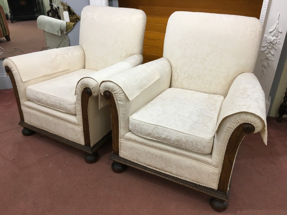 Pair of Victorian Armchairs, Bun Feet Re-Upholstered View II