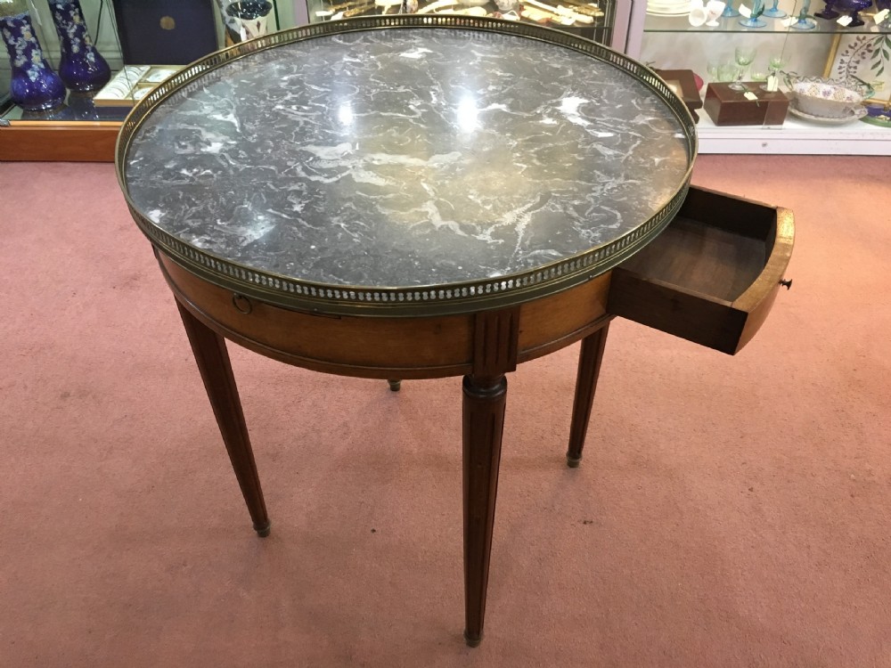 French Bouillotte Table with Marble Top & Brass Gallery Tapering Legs w/Brass Collars c1910 View II