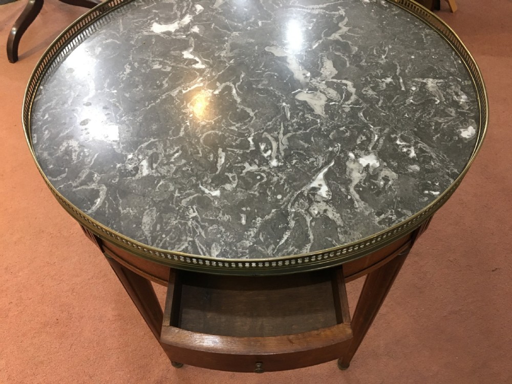 French Bouillotte Table with Marble Top & Brass Gallery Tapering Legs w/Brass Collars c1910 View III