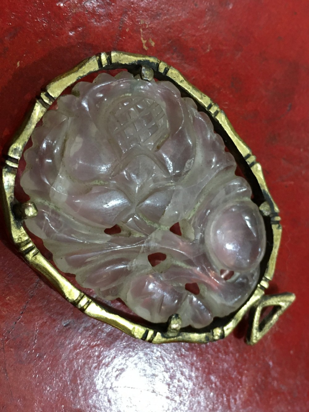 Carved Rose Quartz Flower & Fruit  Pendant C19th View III