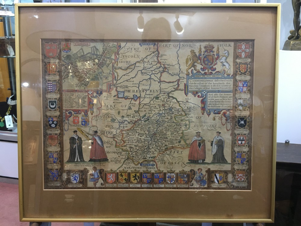 John Speed Antique Map of Cambridgeshire 1610 Inset Coat of Arms