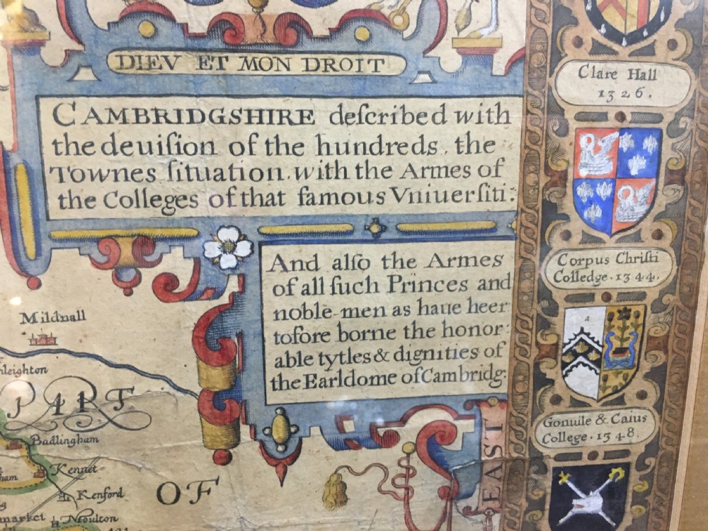 John Speed Antique Map of Cambridgeshire 1610 Inset Coat of Arms View IV