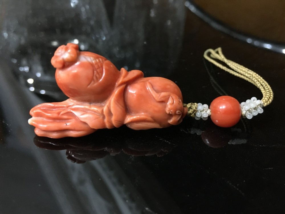 Carved Coral Peach, Pomegranite and Finger Citron - Fruit of Longevity with Seed Pearls C19th