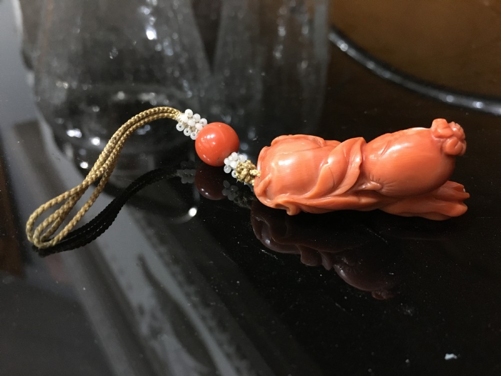 Carved Coral Peach, Pomegranite and Finger Citron - Fruit of Longevity with Seed Pearls C19th View II
