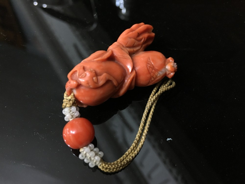 Carved Coral Peach, Pomegranite and Finger Citron - Fruit of Longevity with Seed Pearls C19th View IV