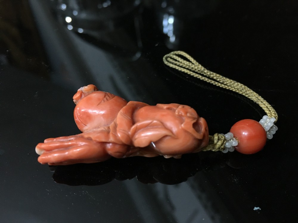 Carved Coral Peach, Pomegranite and Finger Citron - Fruit of Longevity with Seed Pearls C19th View V
