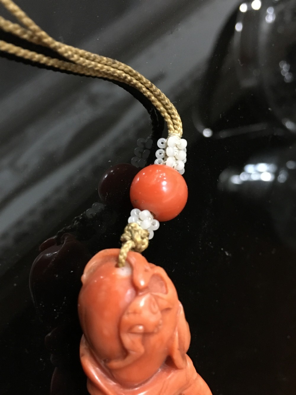Carved Coral Peach, Pomegranite and Finger Citron - Fruit of Longevity with Seed Pearls C19th View VI
