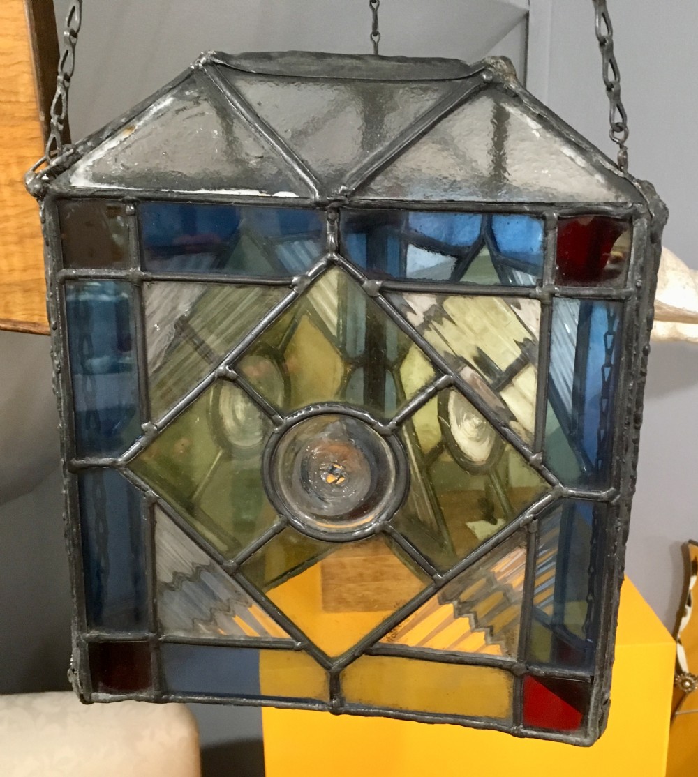 Original Arts & Crafts Lead Stain Glass Triangular Lantern c.1910