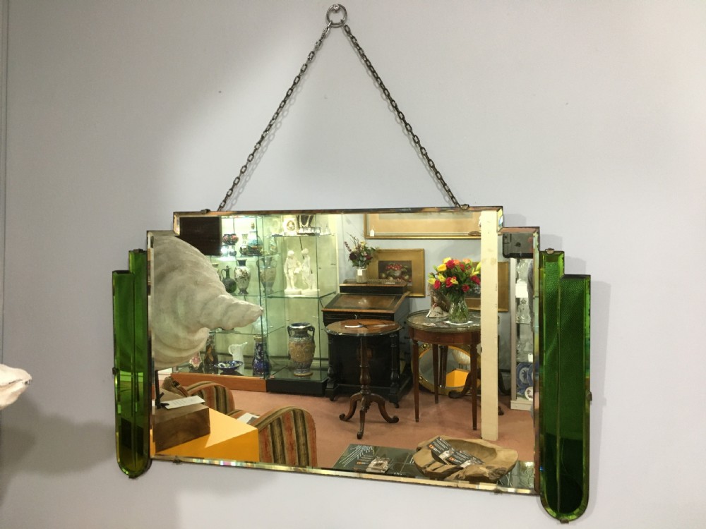 Art Deco Original Wall Mirror With Green Geometric Panels c1930