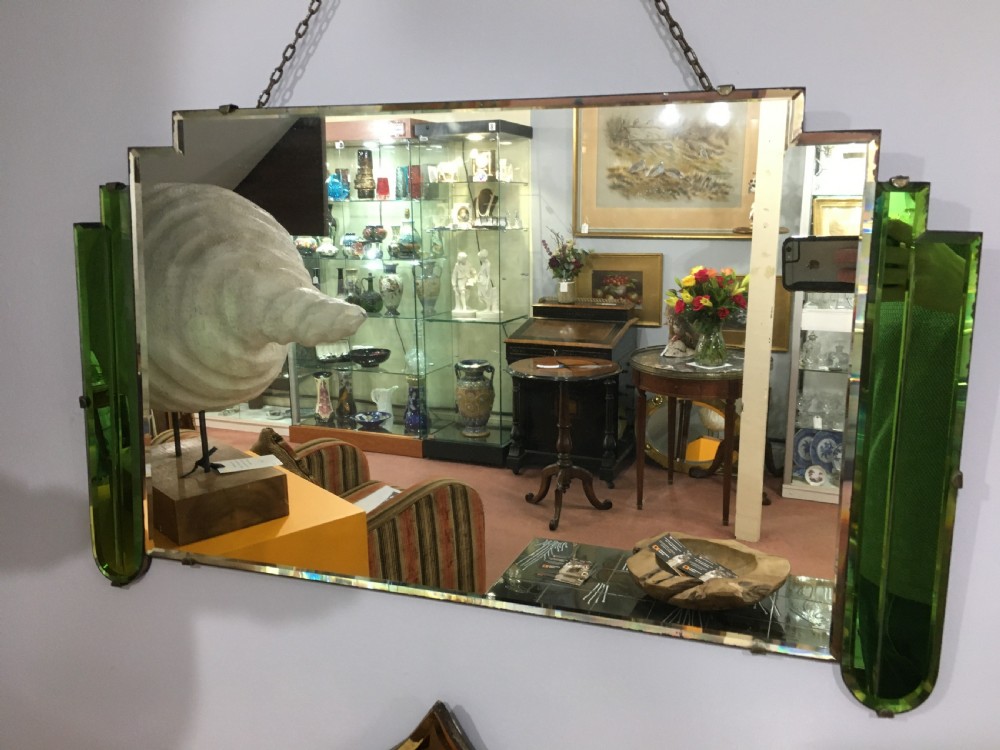 Art Deco Original Wall Mirror With Green Geometric Panels c1930 View II