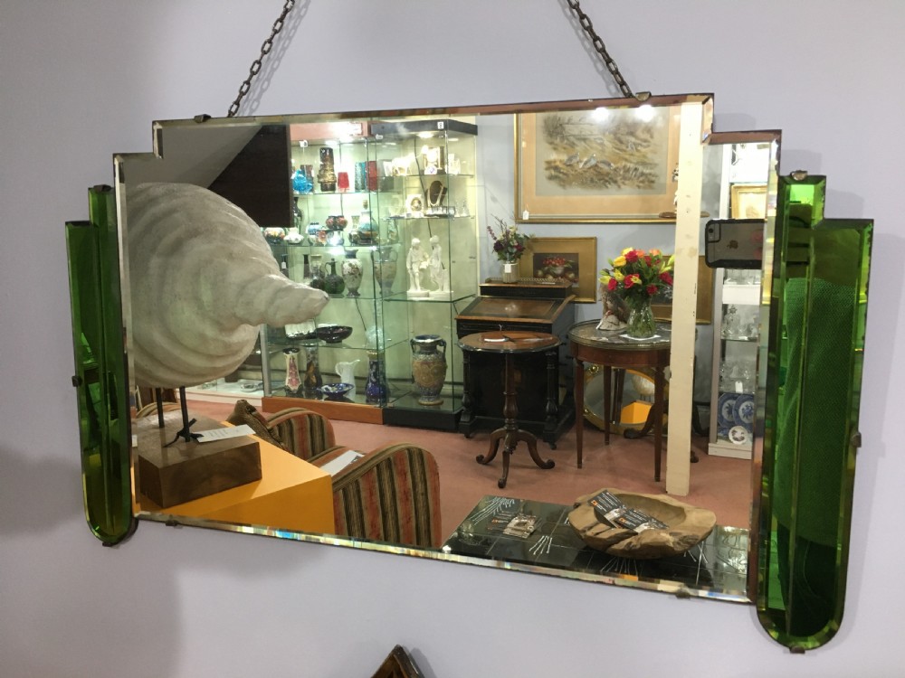 Art Deco Original Wall Mirror With Green Geometric Panels c1930 View III