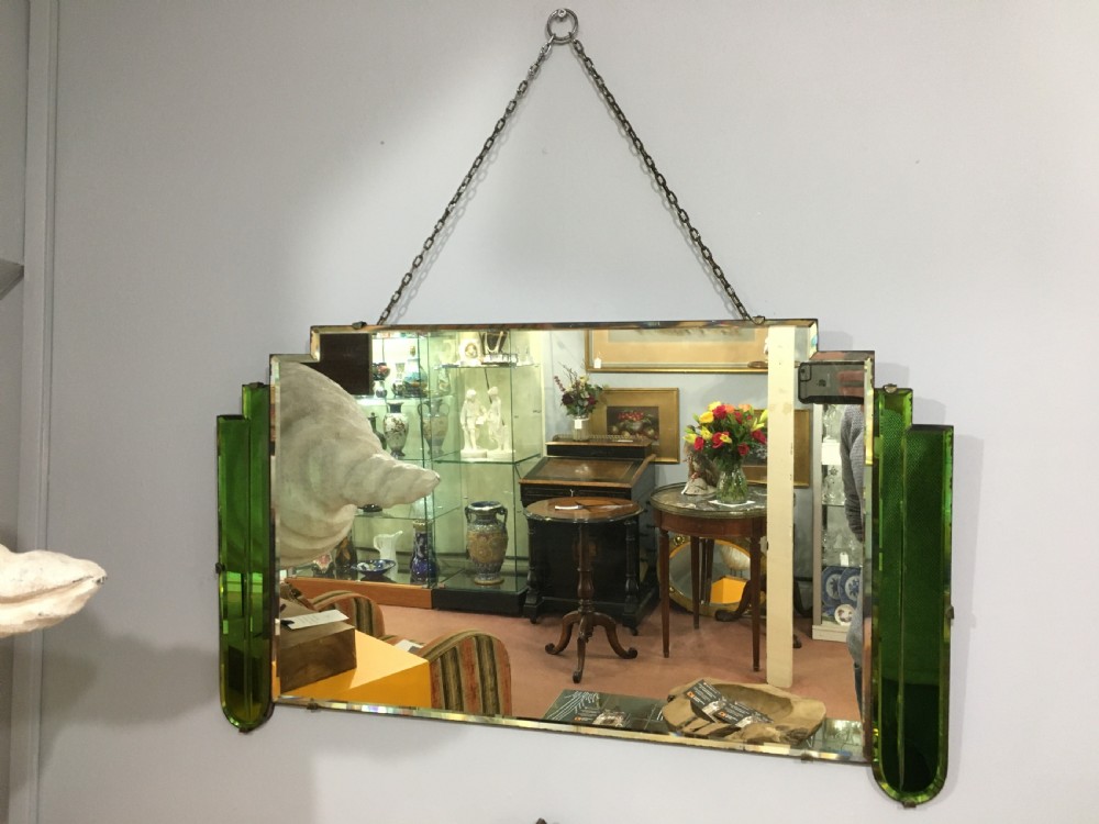 Art Deco Original Wall Mirror With Green Geometric Panels c1930 View IV
