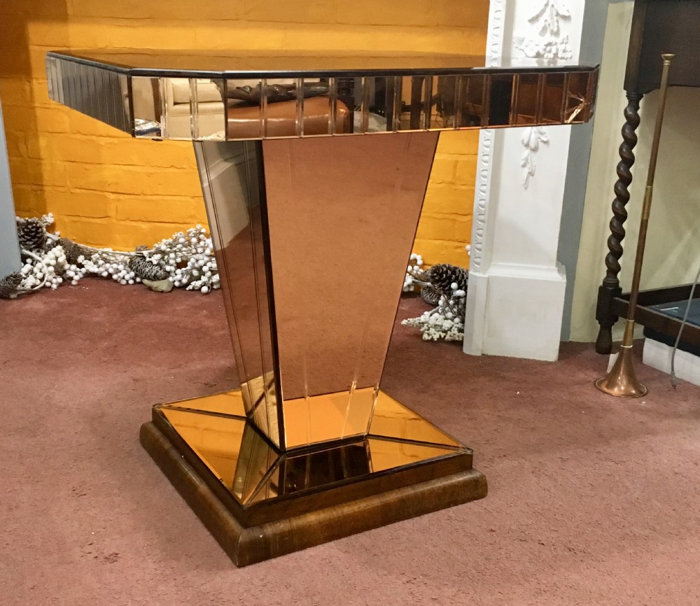 Art Deco Peach Mirrored Side/Console Table with Oak Plinth Base c.1920 - 30 View II