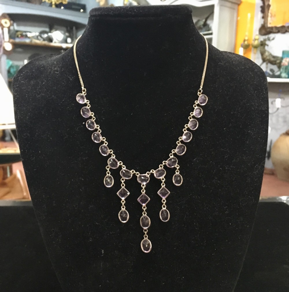 Edwardian Style Amethyst Silver Necklace Stamped 925 on clasp