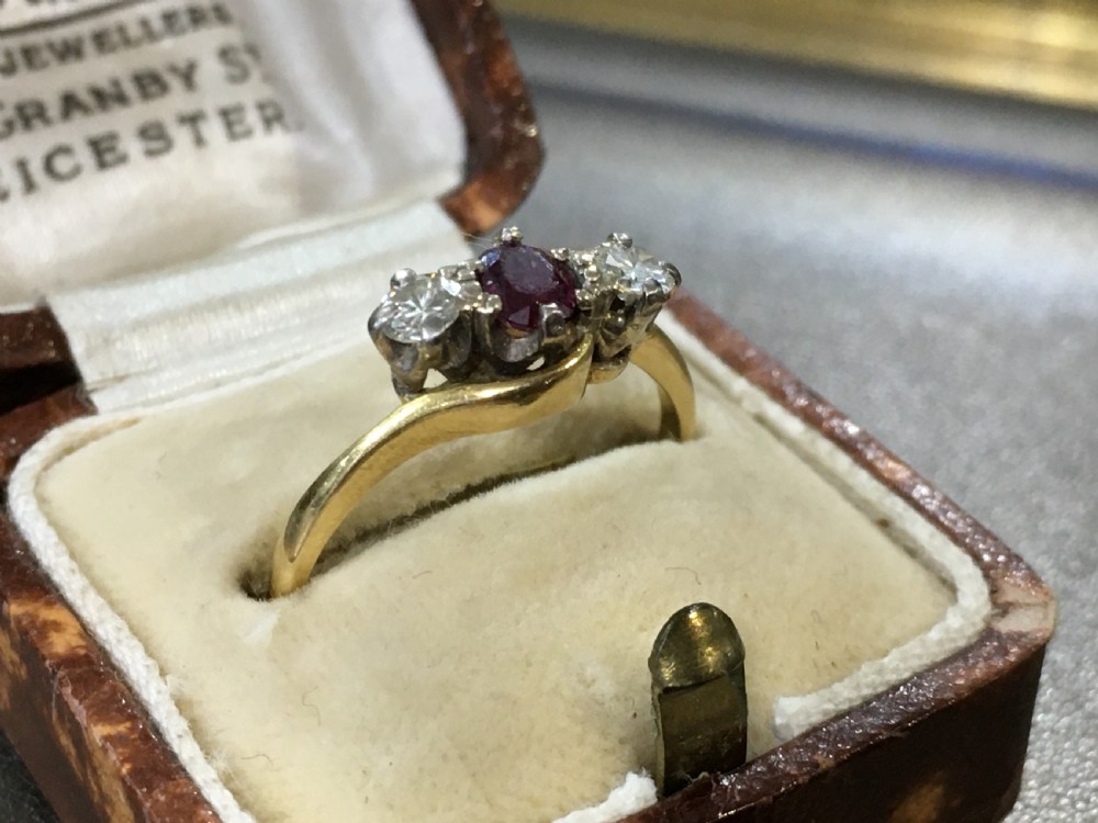 Ruby with diamond cushions, diamond Bow ring, 18ct gold, size S 