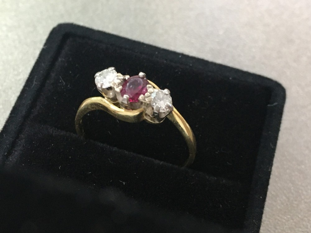 Ruby with diamond cushions, diamond Bow ring, 18ct gold, size S  View II