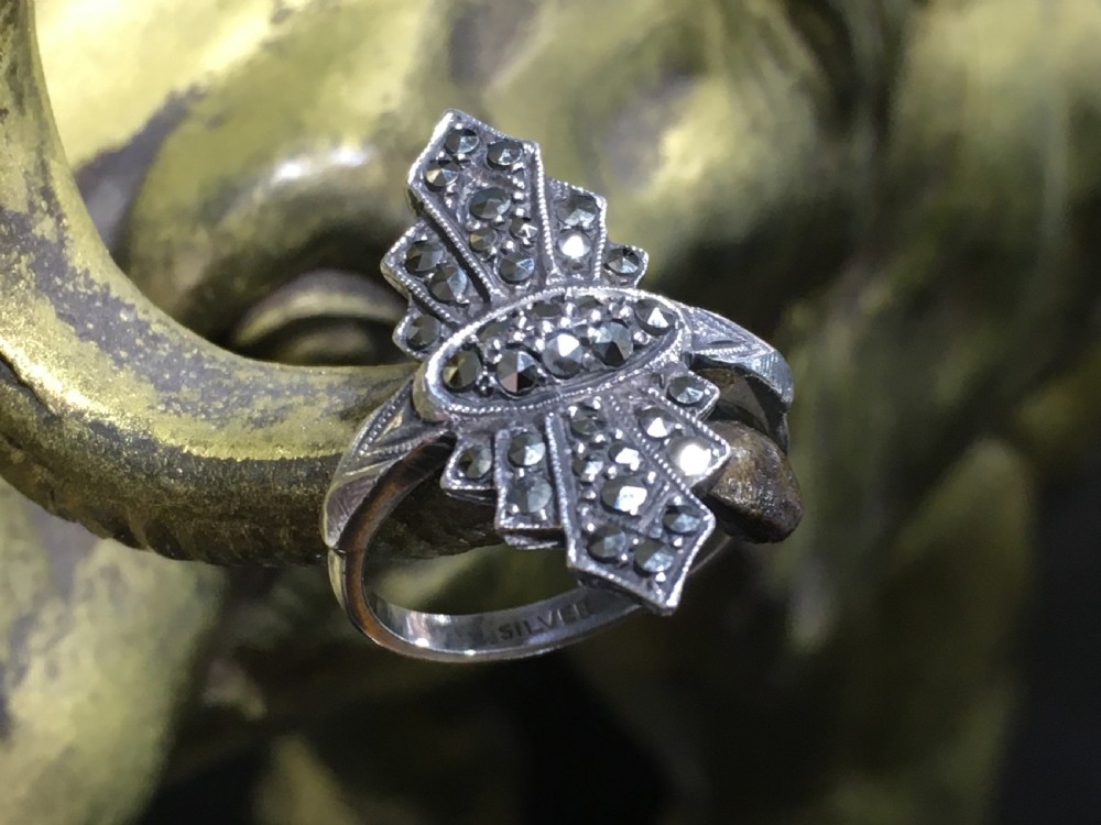 Art Deco 1920-30s Marcasite on Silver Ring Marked  “Silver”