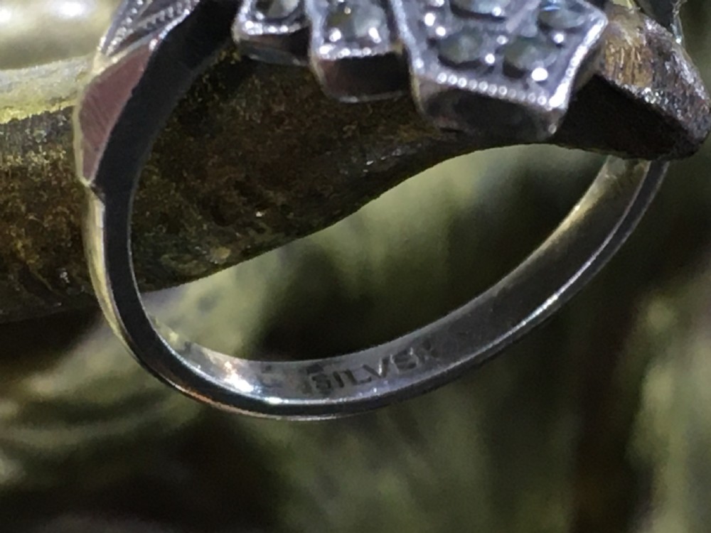 Art Deco 1920-30s Marcasite on Silver Ring Marked  “Silver” View II
