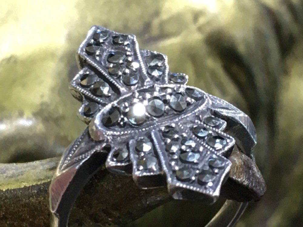 Art Deco 1920-30s Marcasite on Silver Ring Marked  “Silver” View III