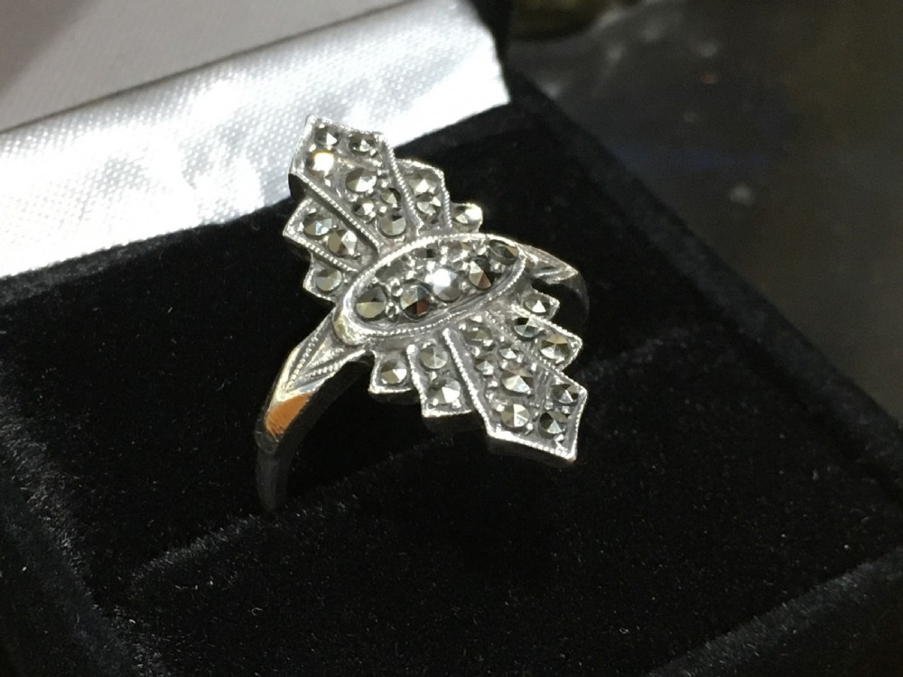 Art Deco 1920-30s Marcasite on Silver Ring Marked  “Silver” View IV