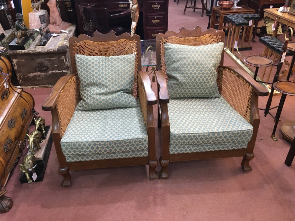 Original Pair Art Deco Cane Armchairs, Recently Reupholstered and Re-caned c1920-30