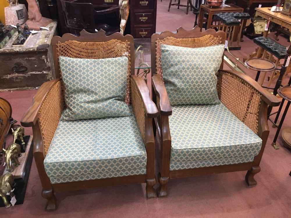 Original Pair Art Deco Cane Armchairs, Recently Reupholstered and Re-caned c1920-30 View II