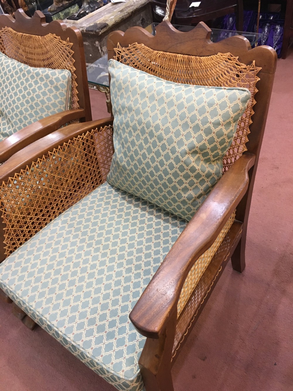 Original Pair Art Deco Cane Armchairs, Recently Reupholstered and Re-caned c1920-30 View V