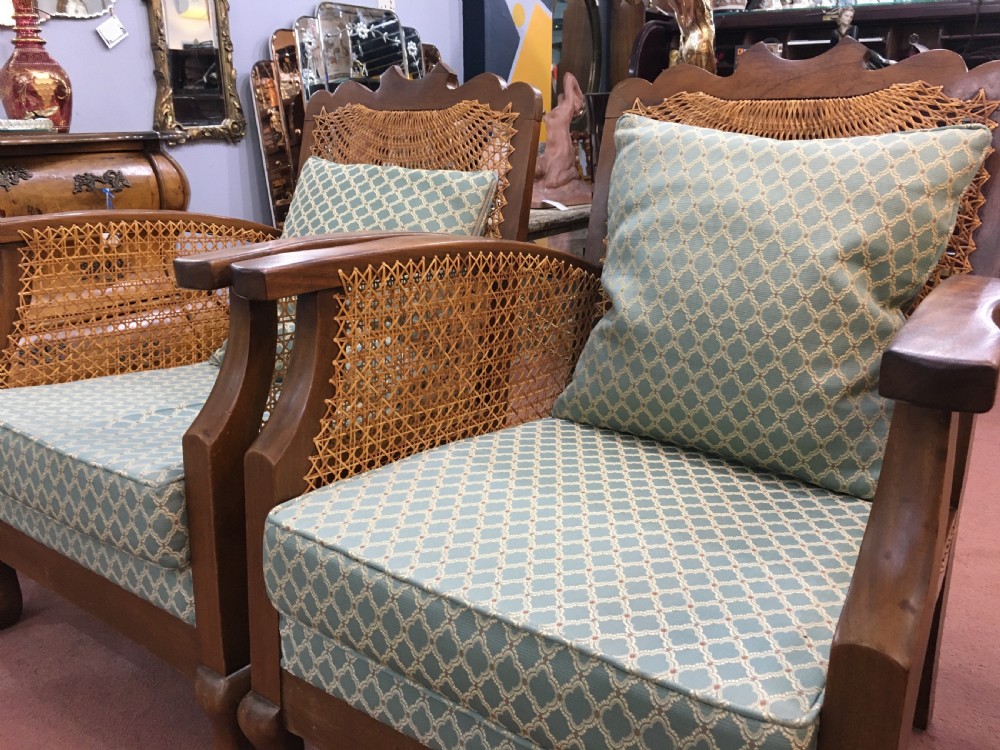 Original Pair Art Deco Cane Armchairs, Recently Reupholstered and Re-caned c1920-30 View VII