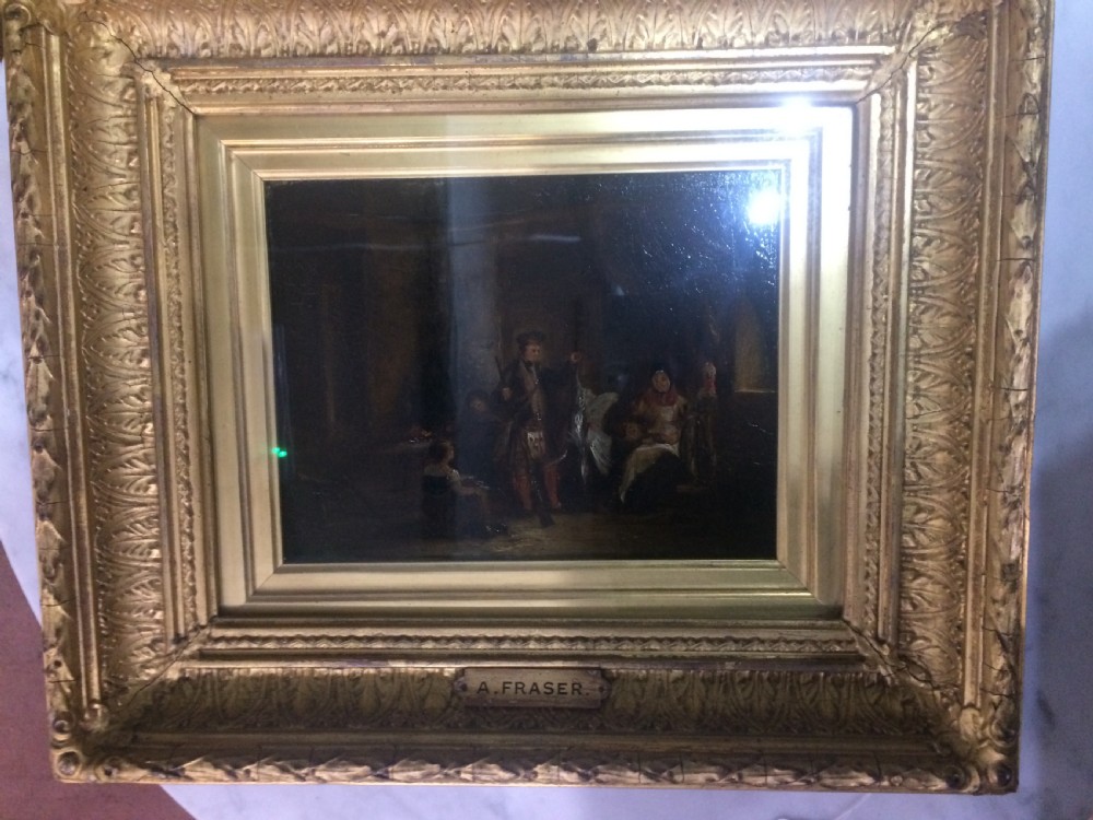 Alexander Fraser Oil On Board Of A Highland Sportsman in 'Croft Interior'. View V