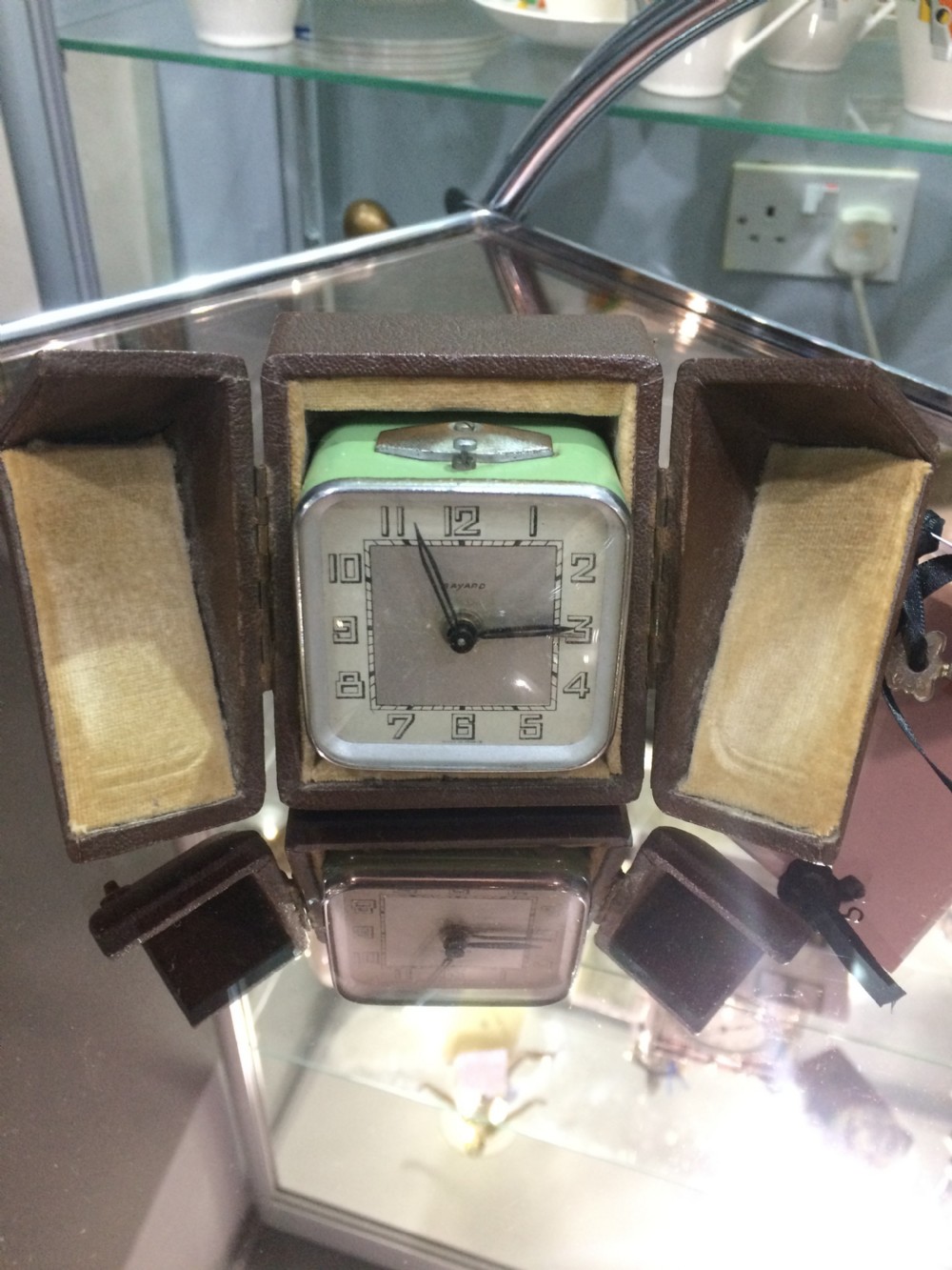 French Art Deco Travel Alarm Clock With Case c.1930's