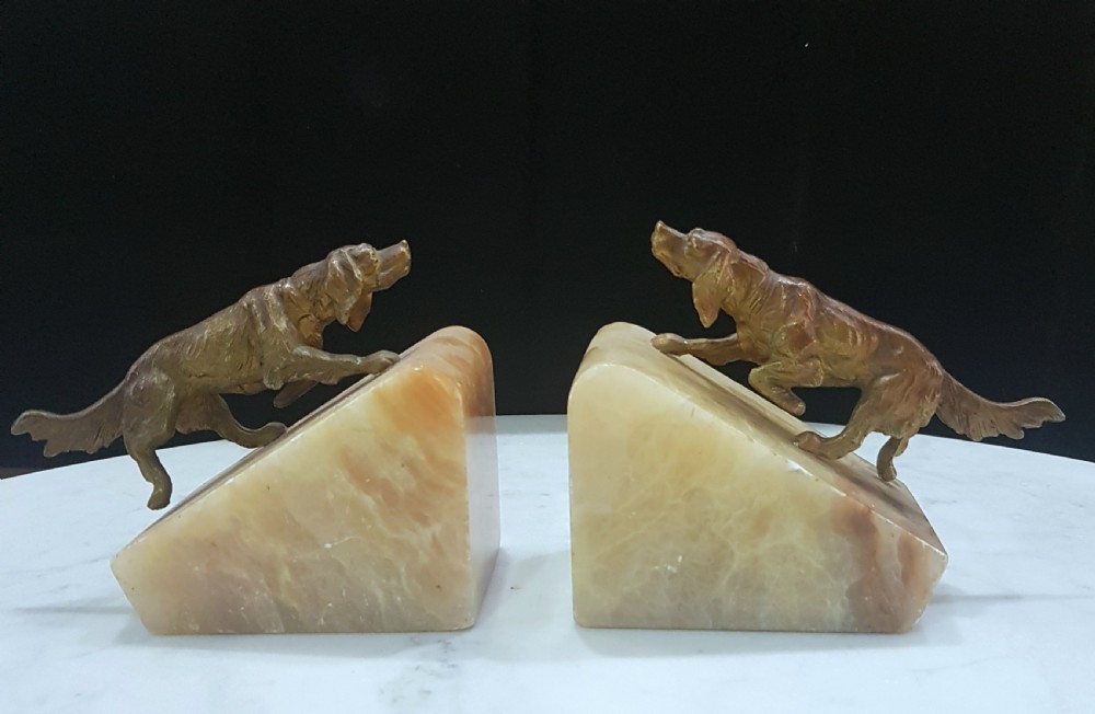 Cold Painted Setter Dogs Bookends on Onyx Bases 1920s