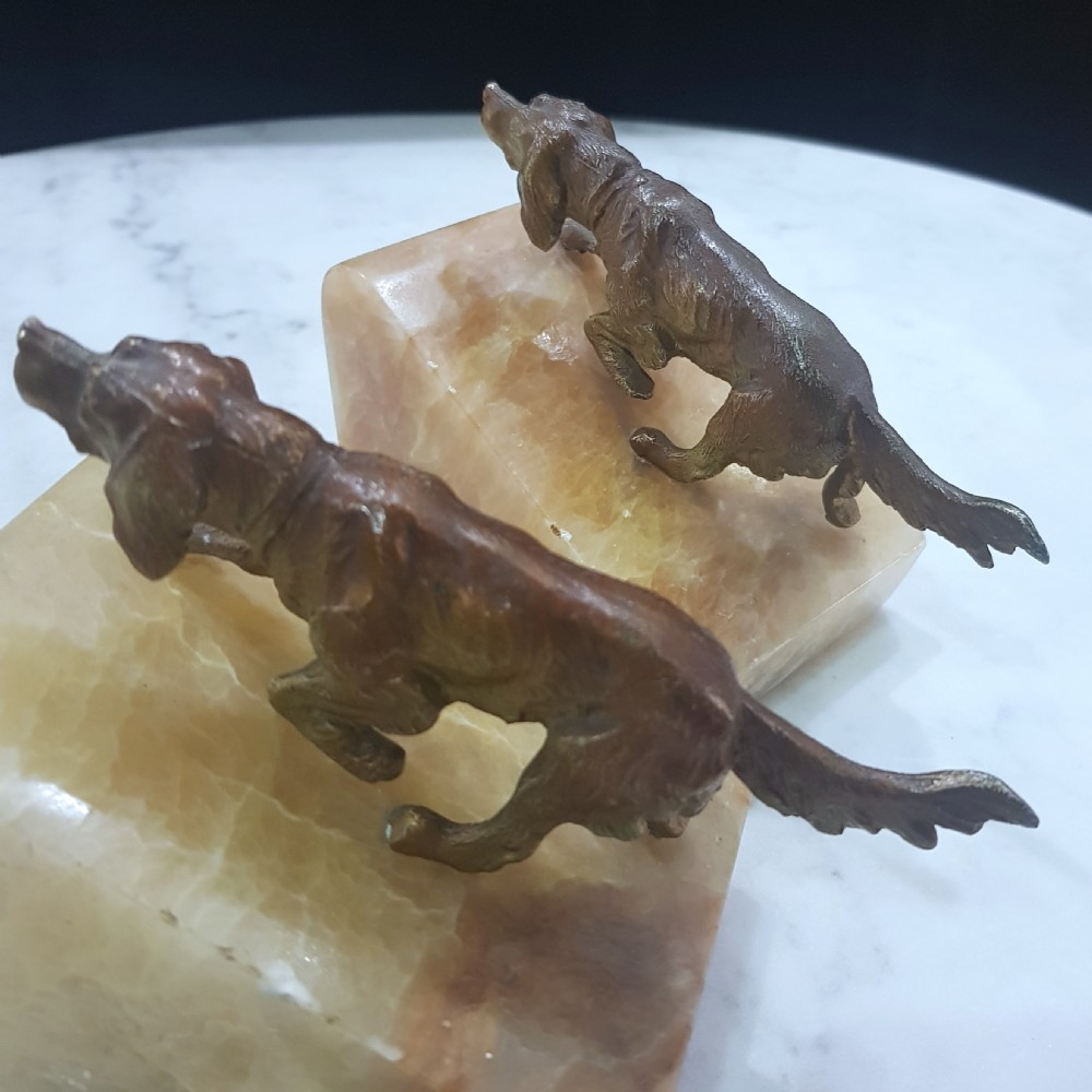Cold Painted Setter Dogs Bookends on Onyx Bases 1920s View II