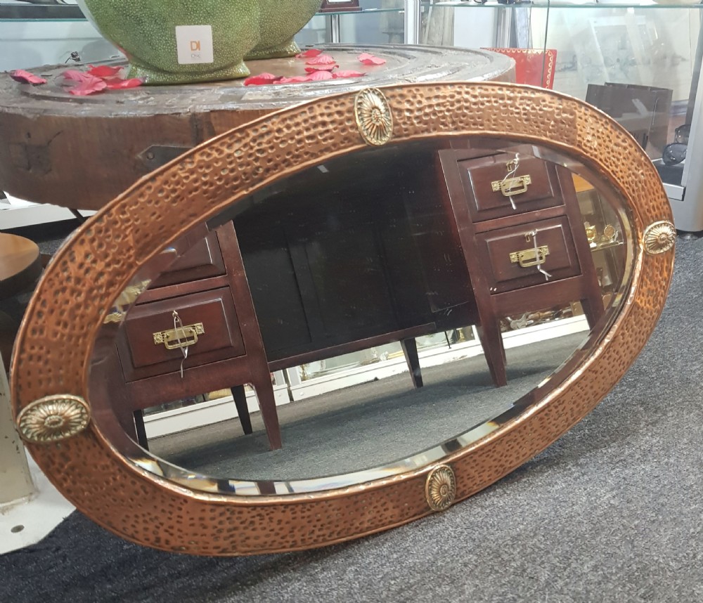 Arts & Crafts Copper Oval Over Mantel Mirror c.1900 -1910 with Brass Features