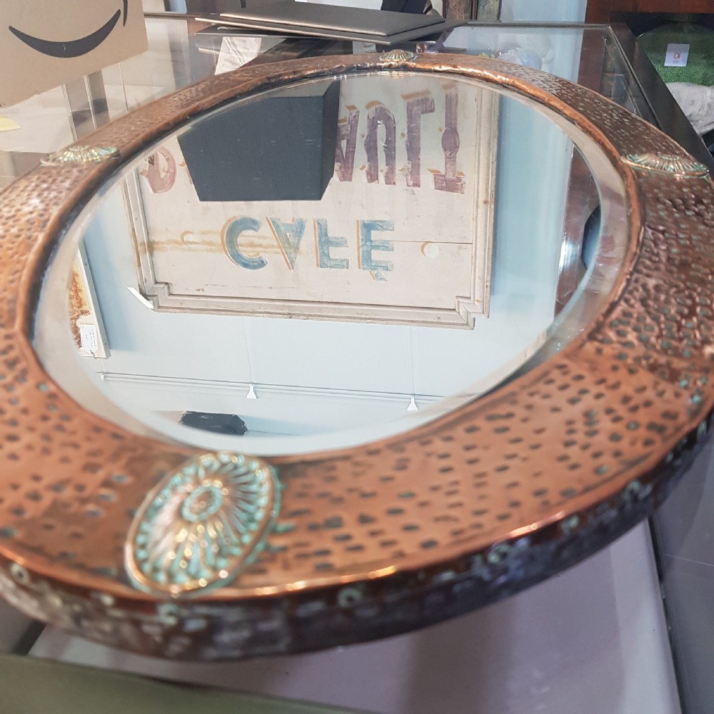 Arts & Crafts Copper Oval Over Mantel Mirror c.1900 -1910 with Brass Features View IV