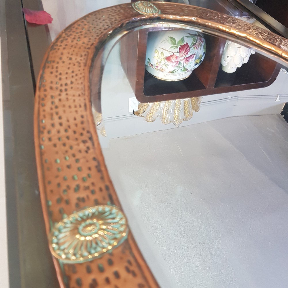 Arts & Crafts Copper Oval Over Mantel Mirror c.1900 -1910 with Brass Features View V