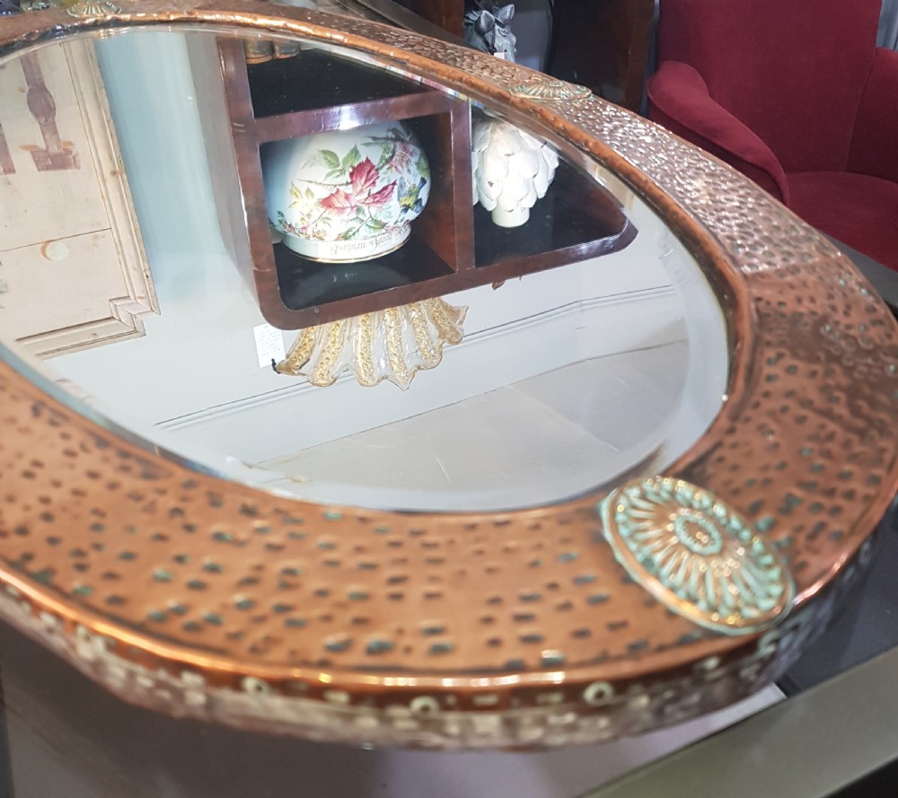Arts & Crafts Copper Oval Over Mantel Mirror c.1900 -1910 with Brass Features View VII